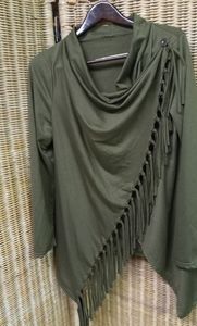 Olive Green Tunic Shirt Blouse with Fringes Tassels  Size M/38